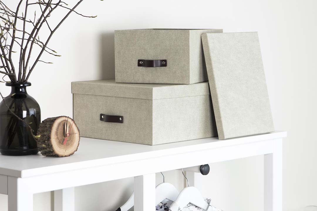 inge storage boxes in natural linen finish  by Bigso