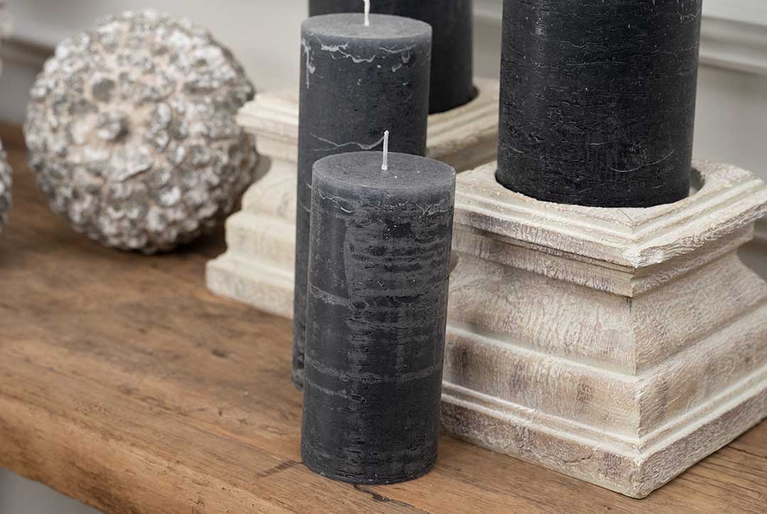 Dark Grey Rustic Anthracite Pillar Candles on plinths  Edit alt text