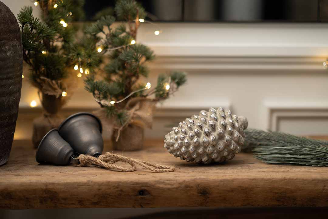 Faux Silver Pine Cone Christmas scene