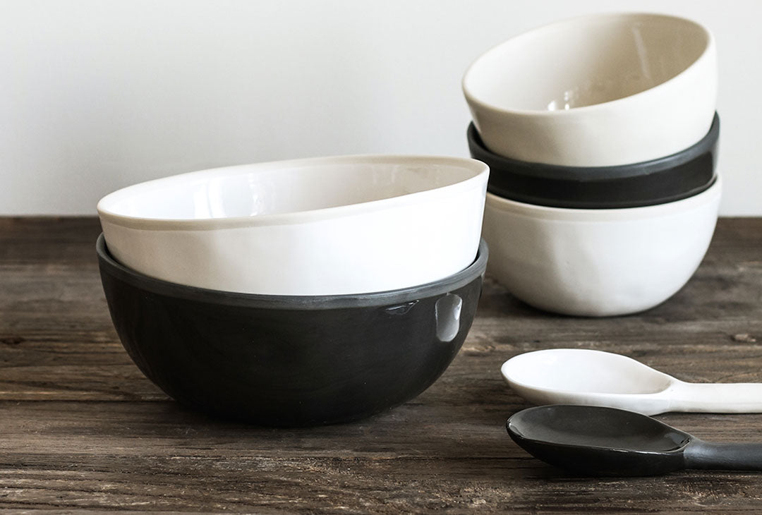 Black and White porcelain bowls and spoons